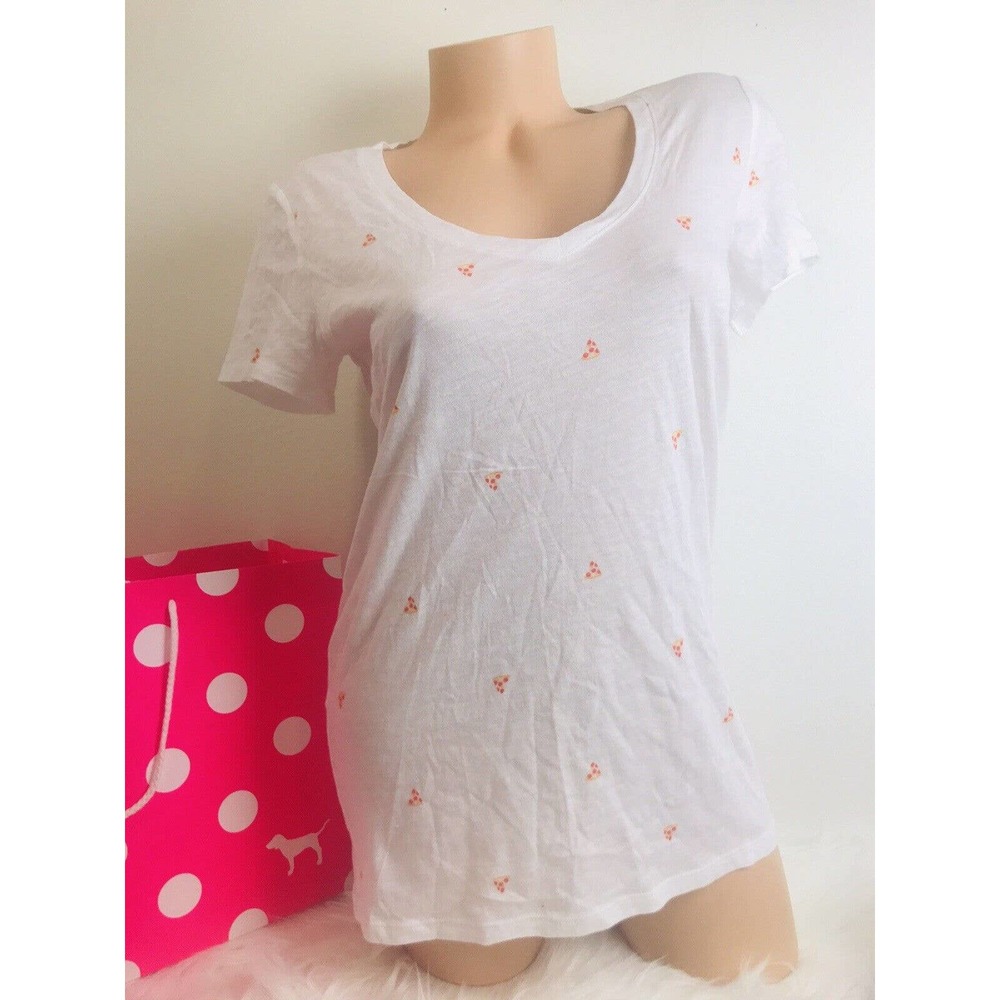 VICTORIA SECRET PINK RARE Perfect Tee V-Neck T-Shirt PIZZA Dog Logo NEW S / XS